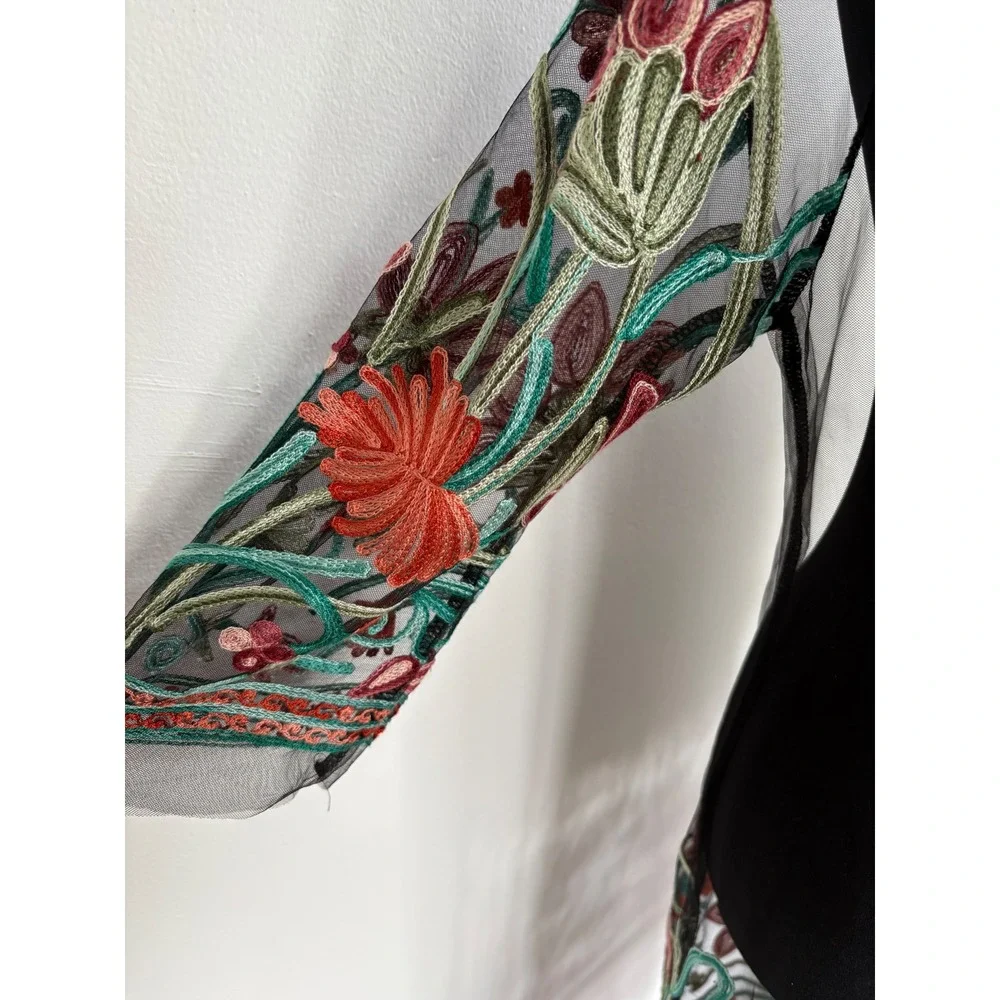 Floral‎ Embroidered Sheer Mesh Overlay Dress Black Long Sleeve Boho Mid Length